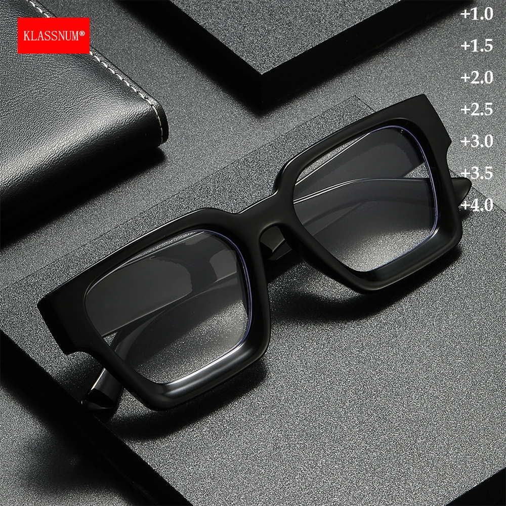 KLASSNUM Men Square Presbyopia Reading Glasses Trendy Large Thick Frame Magnifing Lens Plus Glasses Eyeglasses Diopter +1.0~+3.5