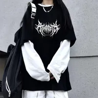 2025 Summer New Cross-Border Style Letter Print Pullover Top Korean Loose Fit Two-Piece Illusion Long Sleeve T-Shirt For Women