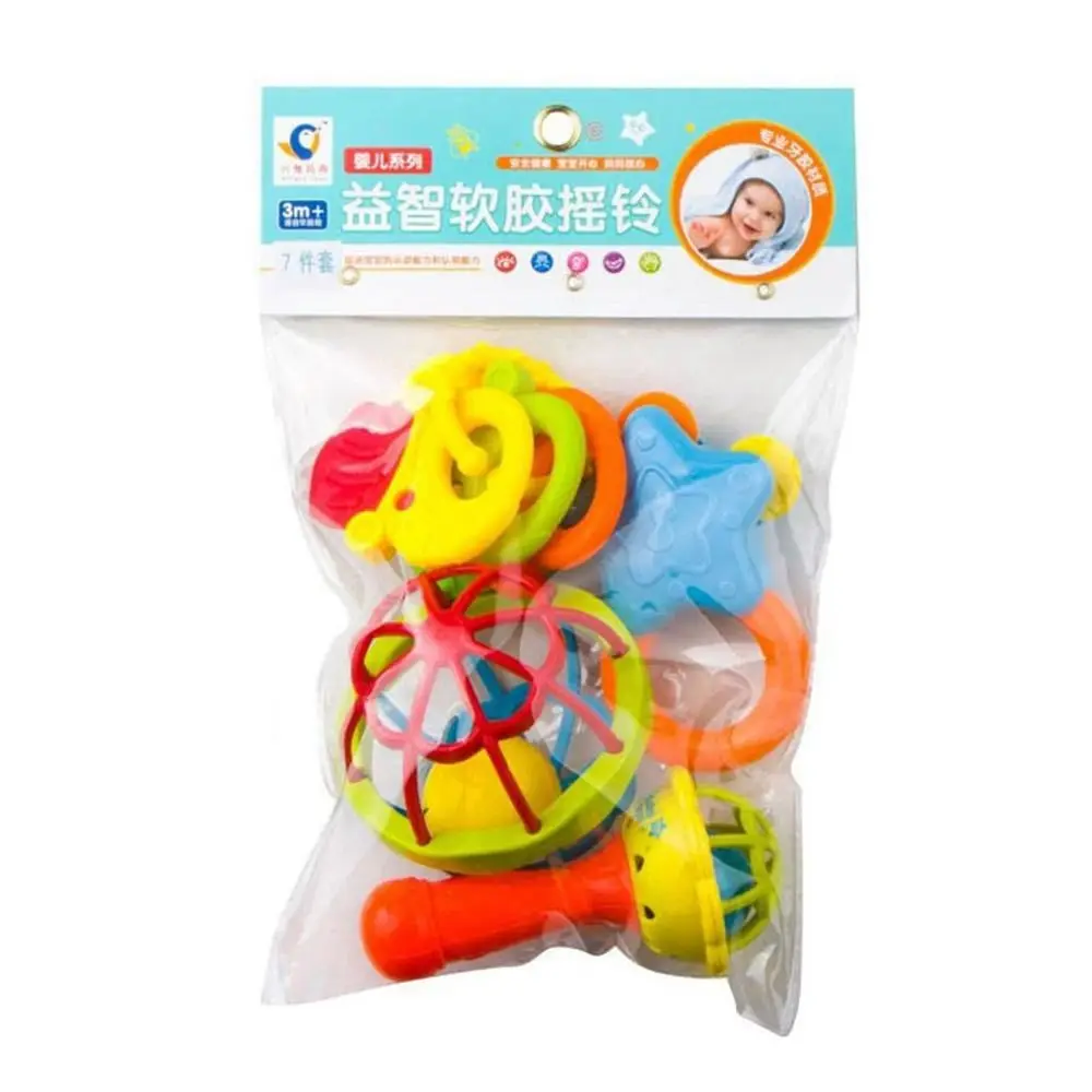 7pcs/set Cartoon Colorful Rattle Interactive Intelligent Teether Soft Cute Hand Jingle Bells Accessories