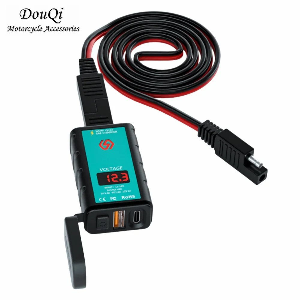 

SAE Plug 1m Cable USB+Type-C Phone Charger 12V Fast Charging with Voltage Display Waterproof Motorcycle Accessories for Bike Car