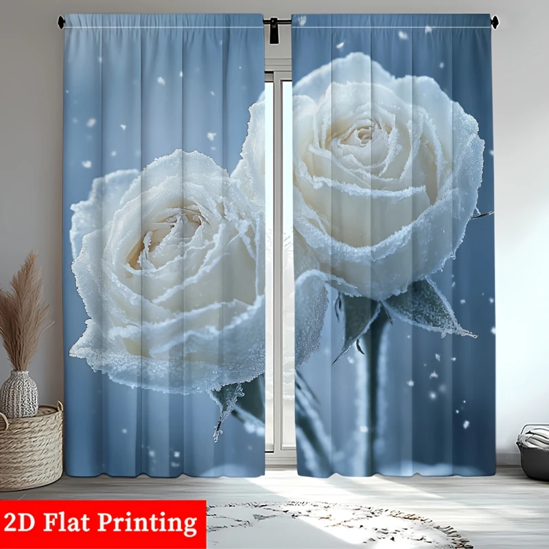 Elegant Floral Rose Window Curtain Pair Snowy Blue Romantic Home Decor Drapes for Living Room Bedroom Accent Curtains