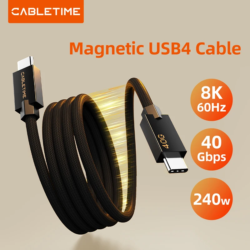 CABLETIME Kabel USB4 Magnetik 240W 80Gbps 8K USB C ke USB C Kabel Pengisi Daya Cepat untuk Thunderbolt 4/5 untuk iPhone iPad Laptop