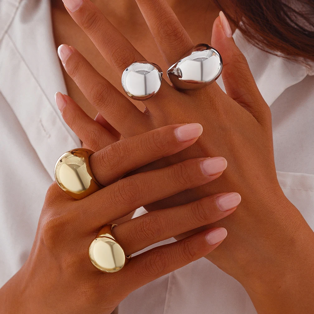 Ingemark 2Pcs/Set Vintage Chunky Smooth Rings for Women Fashion Statement Goth Gold Color Rings Festival Daily Jewelry Gift New