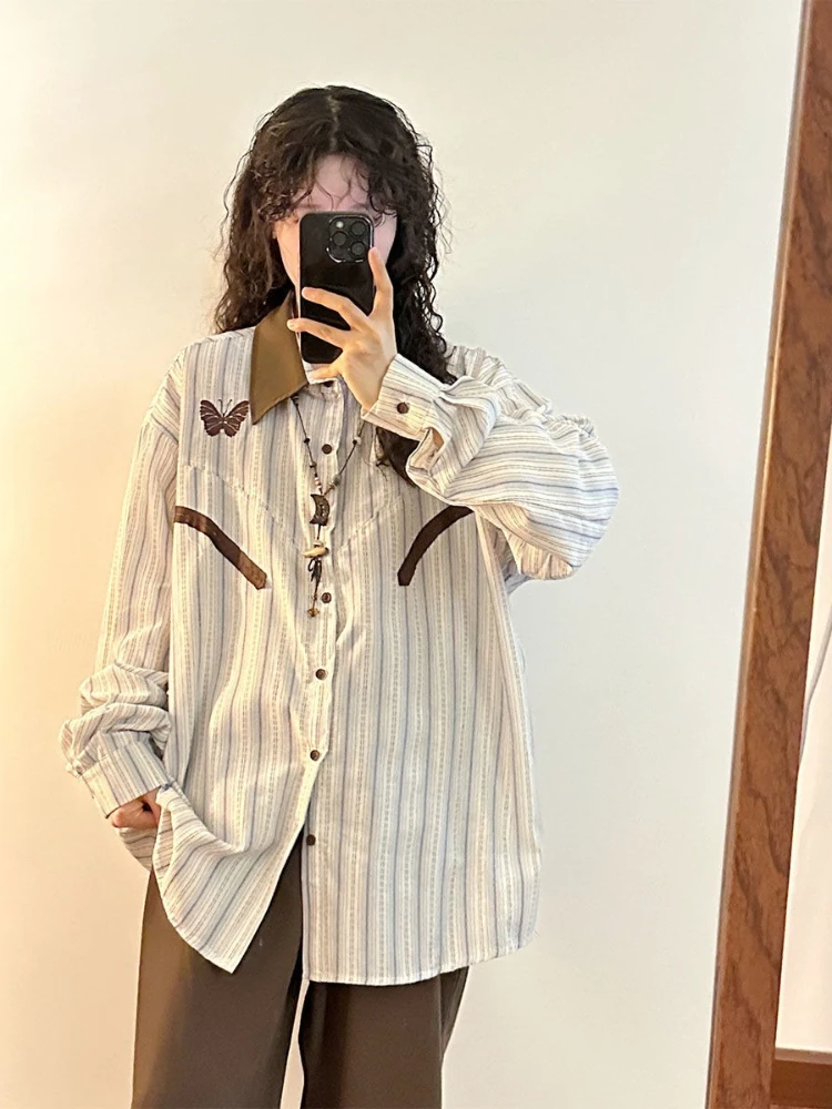 Japanse subcultuur zoete vlinderpatroon T-shirt gestreept lange mouw slanke knop splice nieuwe stijl zachte luie jas herfst