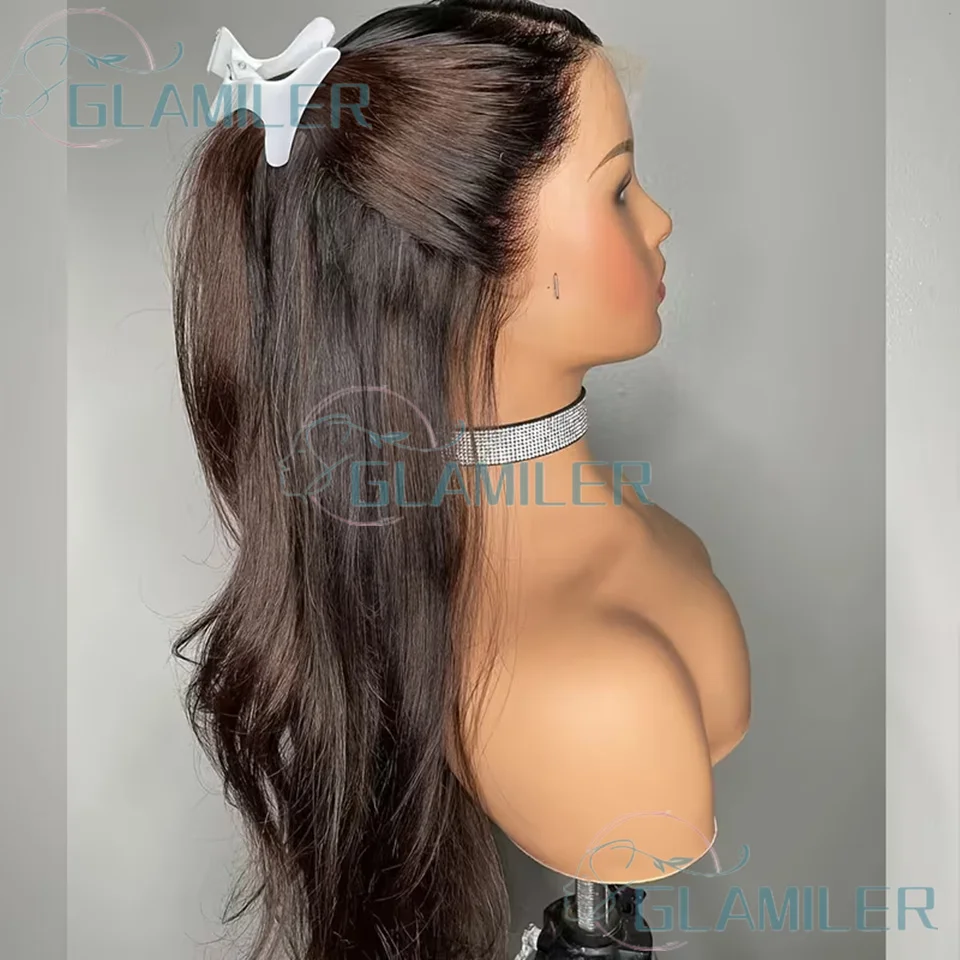 الجانب الأيمن شعر بشري مموج طبيعي # 2 شعر مستعار بني داكن بدون صمغ 5 × 5 من الحرير لإغلاق الجزء العلوي منزوع مسبقًا 13 × 6/360 باروكات دانتيل كاملة