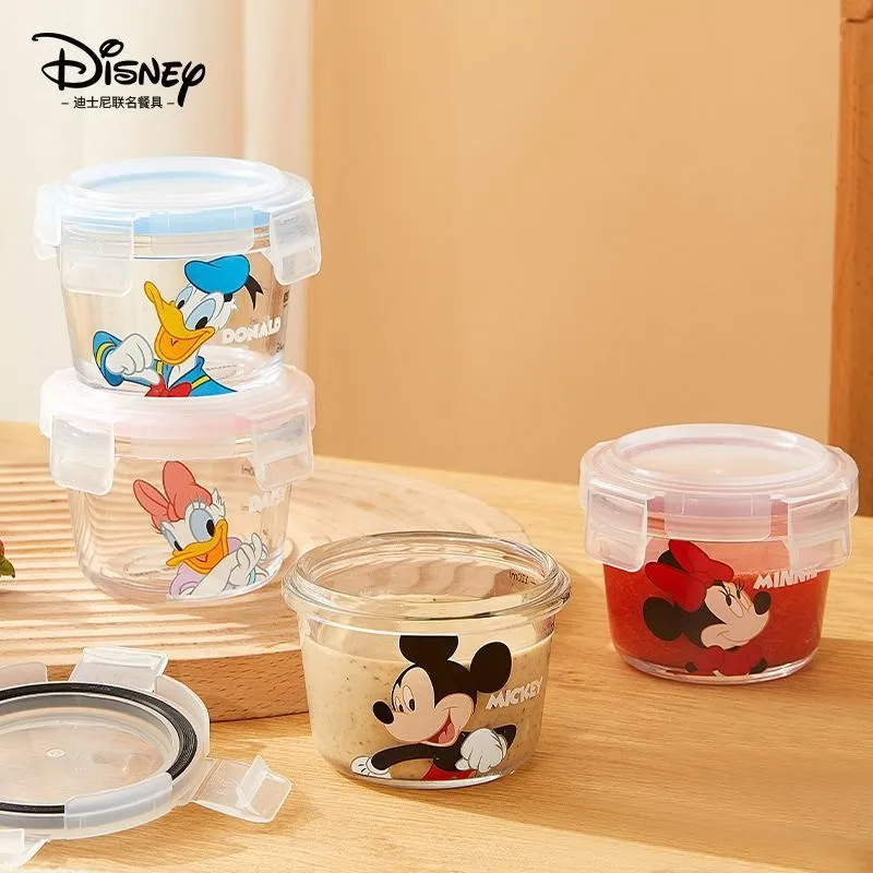 Disney Anime Mickey Mouse Cartoon Glass Lunch Box With Lid Round Minnie Microwave Oven Soup Box Fruit Lunch Box Birthday Gift