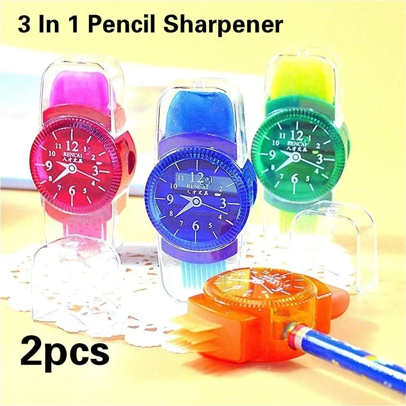 

2PCS 3 in 1 Pencil Sharpener Wristwatch Modeling with Eraser and Brush Lovely Kawaii School Stationery Supplies Random Color