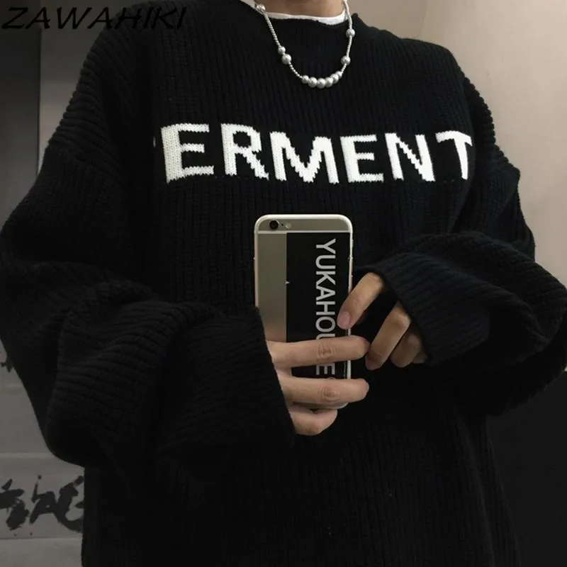 

Fall Winter Korean Fashion Loose Preppy Vintage Letter O-neck Sweater Women All Match Lovers Casual Vintage Teenager Pullovers