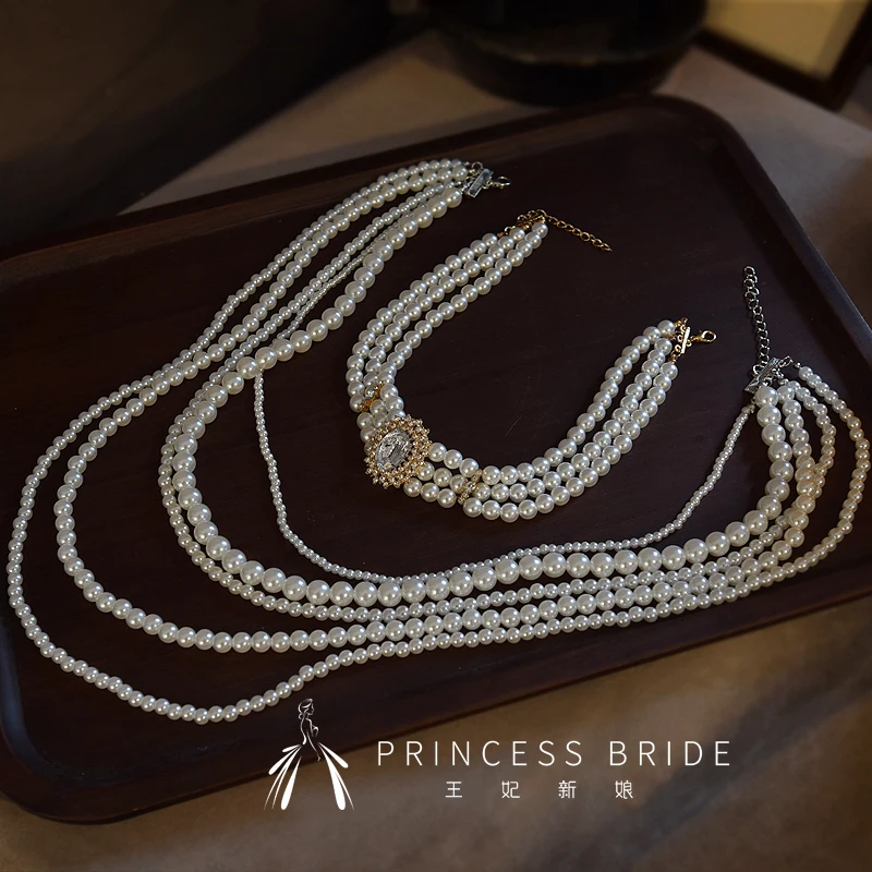 Bridal 2025 Multi-layered Pearl Necklace Women's Fashionable Necklace Stacked Retro High-end Sweater Chain Spring and Summer