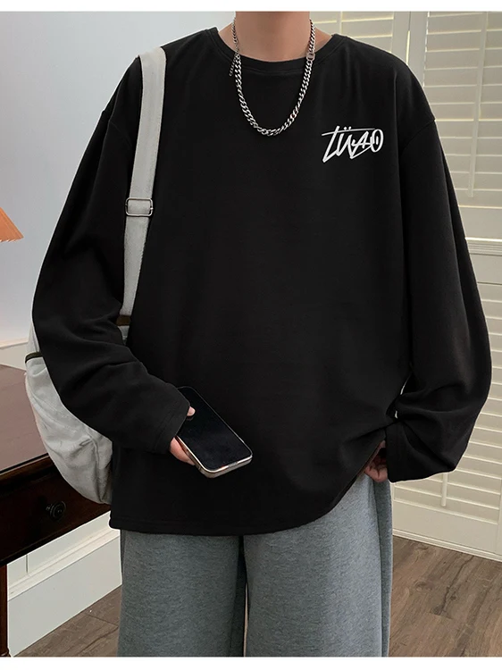 

Loose Fit Long Sve Cotton T-irt Men's plus Size 300 Pou round Ne American Trendy Brand Casual Comfortable Top