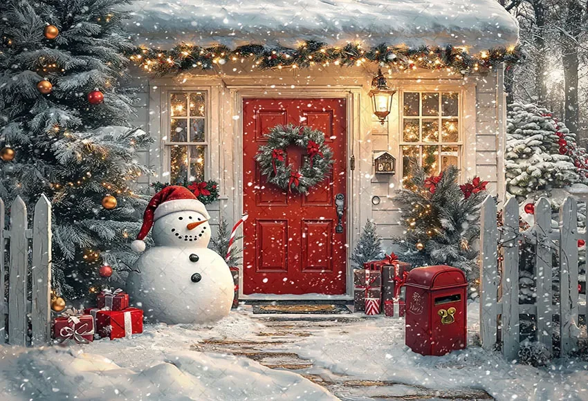 Mehofond Photography Background Christmas Front Door Snowman Winter Xmas Tree Kids Family Portrait Decor Backdrop Photo Studio