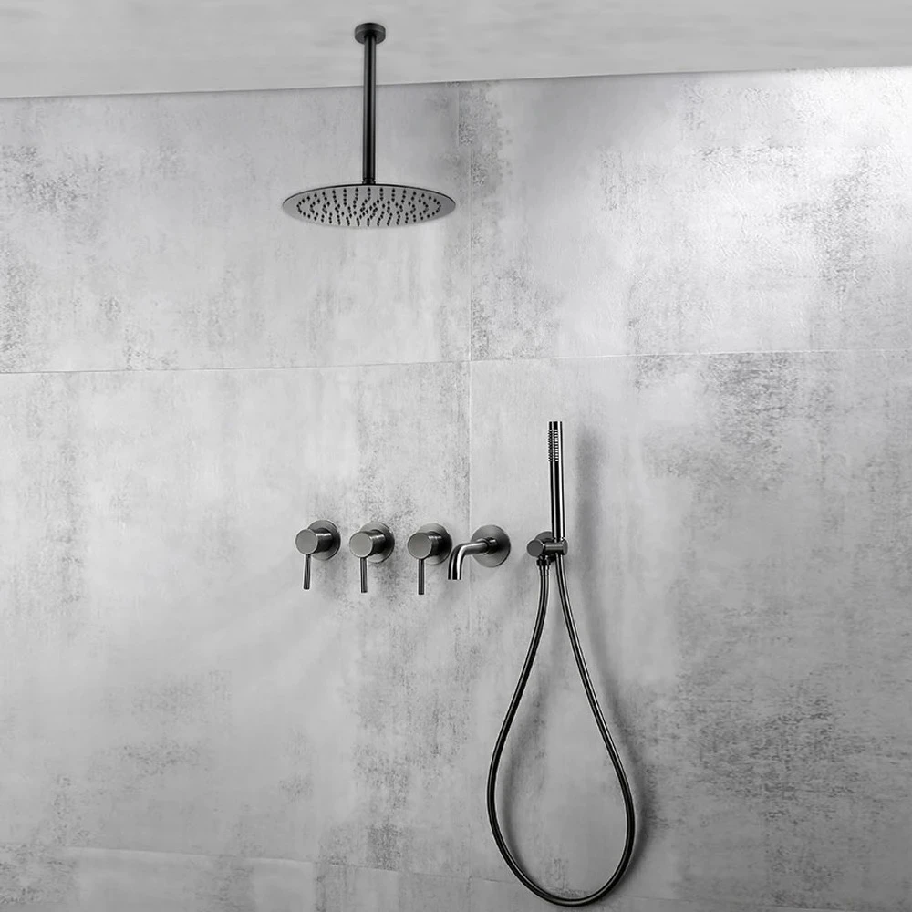 Ceiling Arm Bathroom Mixer Gunmetal  8-12 Inch Rainfall Shower Head 3 ways Bath Tap With Spout 150/21 Shower Faucet System Set