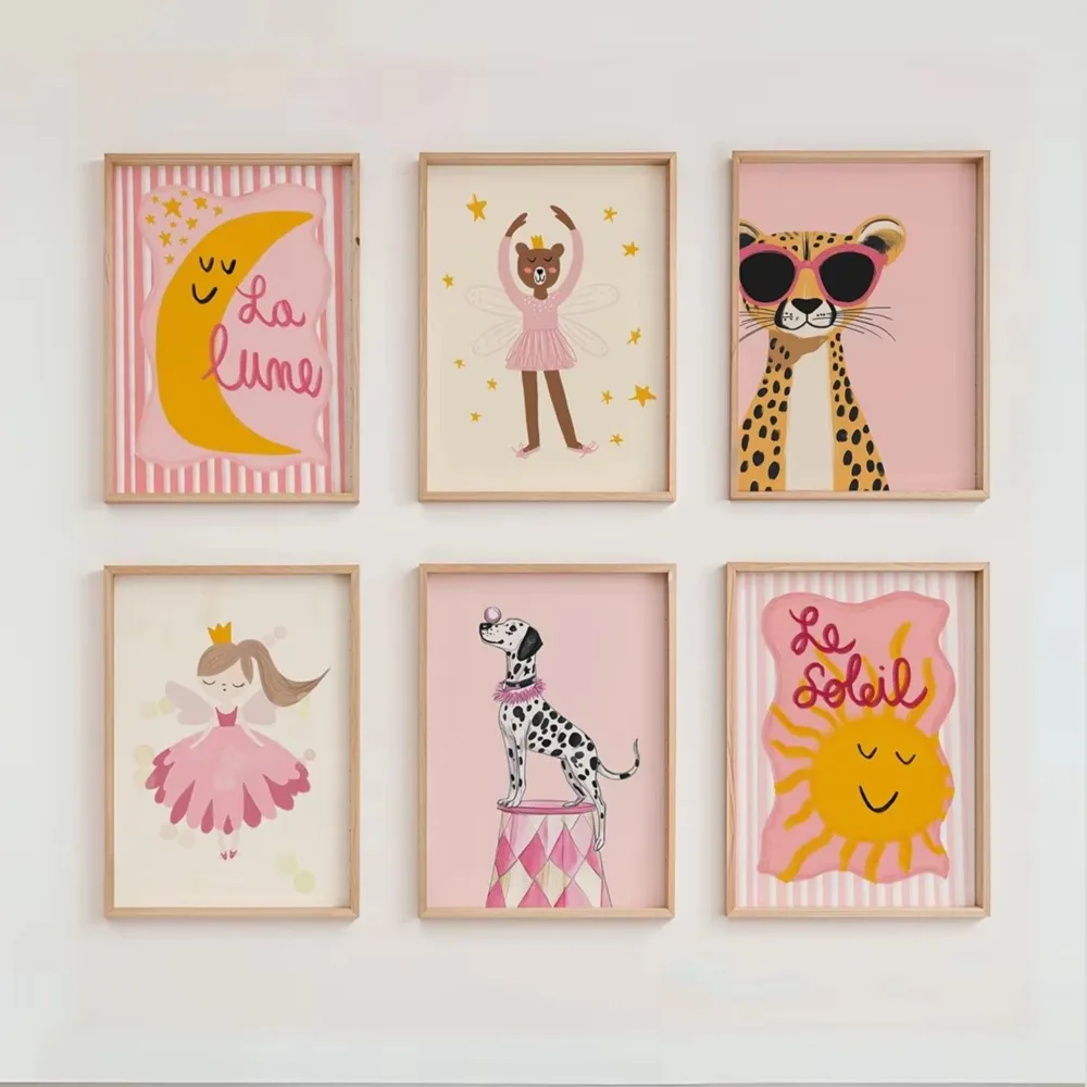 6PCS Pink Baby Room Wall Decor Posters - Sun, Moon, Leopard, Dog, Ballet Dancer, Fairy - Cute Room Decor Posters