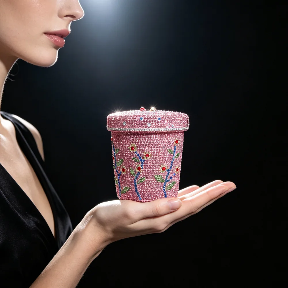Novelty Flower Pot Clutch Lid Flower Charm Green Leaf Design Full Sparkle For Clubs Costume Parties And Night Out Events