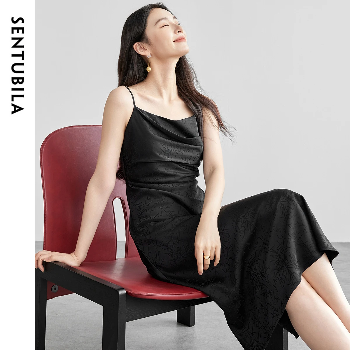 

SENTUBILA Black Satin Slip Dress Women 2025 Spring Fall Sexy Elegant Party Chinese-Style Jacquard Midi Dresses Ladies 151L57844