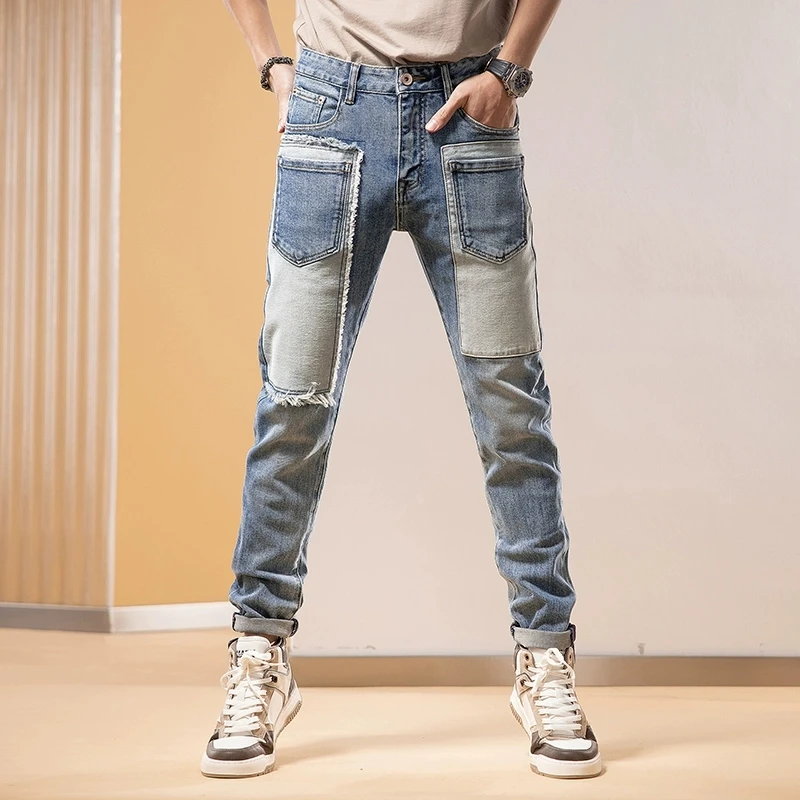 High Street Mode Männer Jeans Retro blau Stretch Slim Fit Vintage zerrissene Jeans Männer Multi Taschen Designer Hip Hop Jeans hose