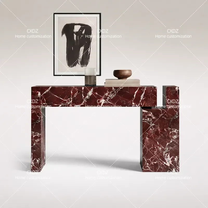 Luxury Porch Cabinet Natural Marble Wall Mounted Storage Console for Living Room Villa Entryway Red Finish