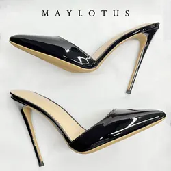 High Quliaty 8/10/12cm High Heel Mule Women Patent Leather Lady Stiletto Wedding Bridal Mteallic Sparkly Mule