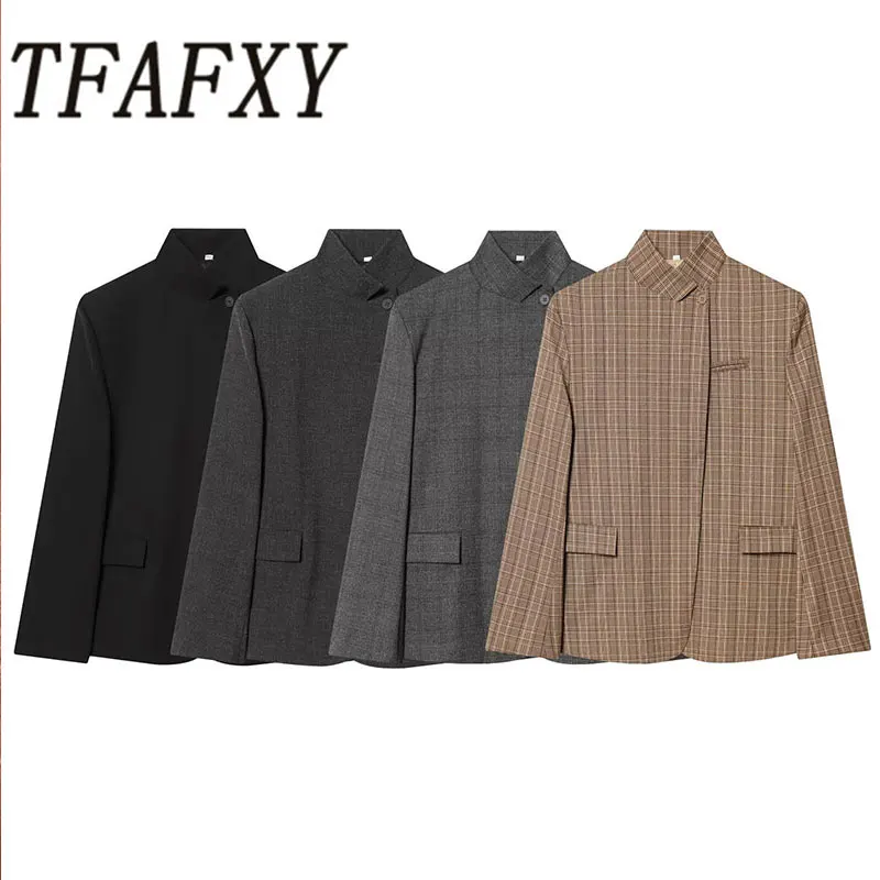 

TFAFXY 2026 Весенний женский повседневный блейзер с длинным рукавом, воротником-стойкой, на одной пуговице, асимметричный офисный пиджак, женское пальто OL