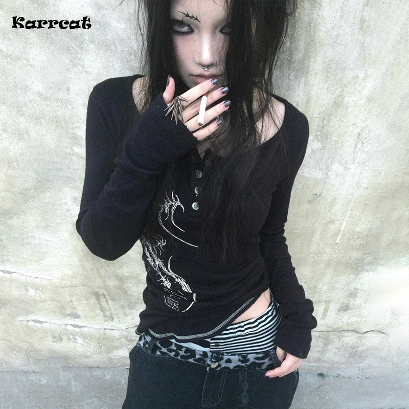 Karrcat Grunge Aesthetics Button Tops Trashy Y2k Tattoo Print T-shirt Vintage Gothic Black Irregular Tee Shirt American Retro