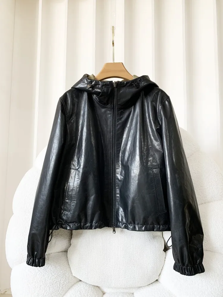 Leisure Female Zipper Genuine Leather Short Jacket Fashion Long Sleeves Hooded Cowhide Coats Solid Color Sheepskin Outwear
