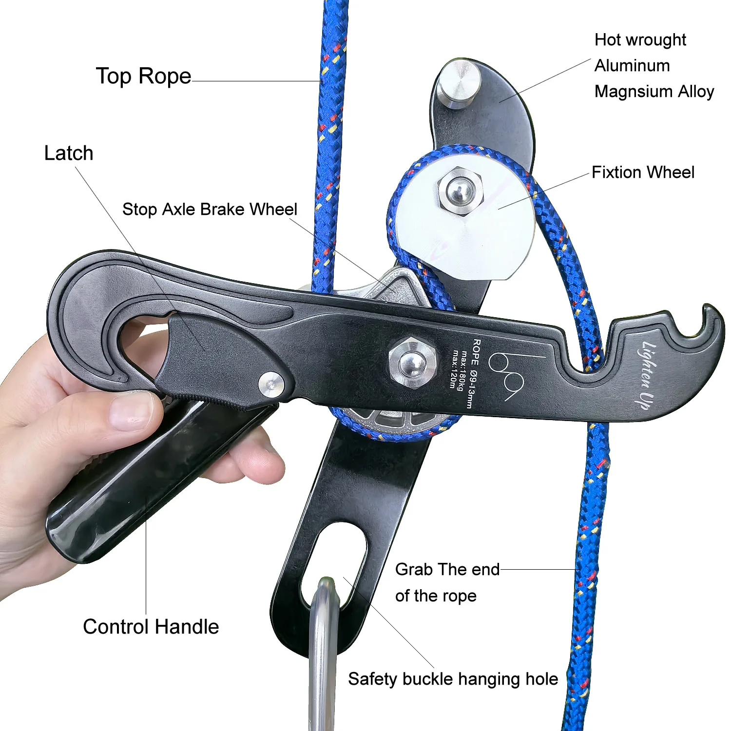 LIGHTENUP Climbing Stop Descender Rock Climbing Descent Device STOP Downhill Rappelling HandleControl Device Descender Abseiling