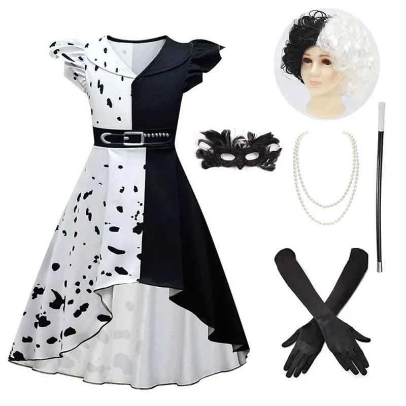 2022 Movie Evil Madame Cruella De Vil Cosplay Halloween Costume for kids Half Black Half White girls princess summer night dress