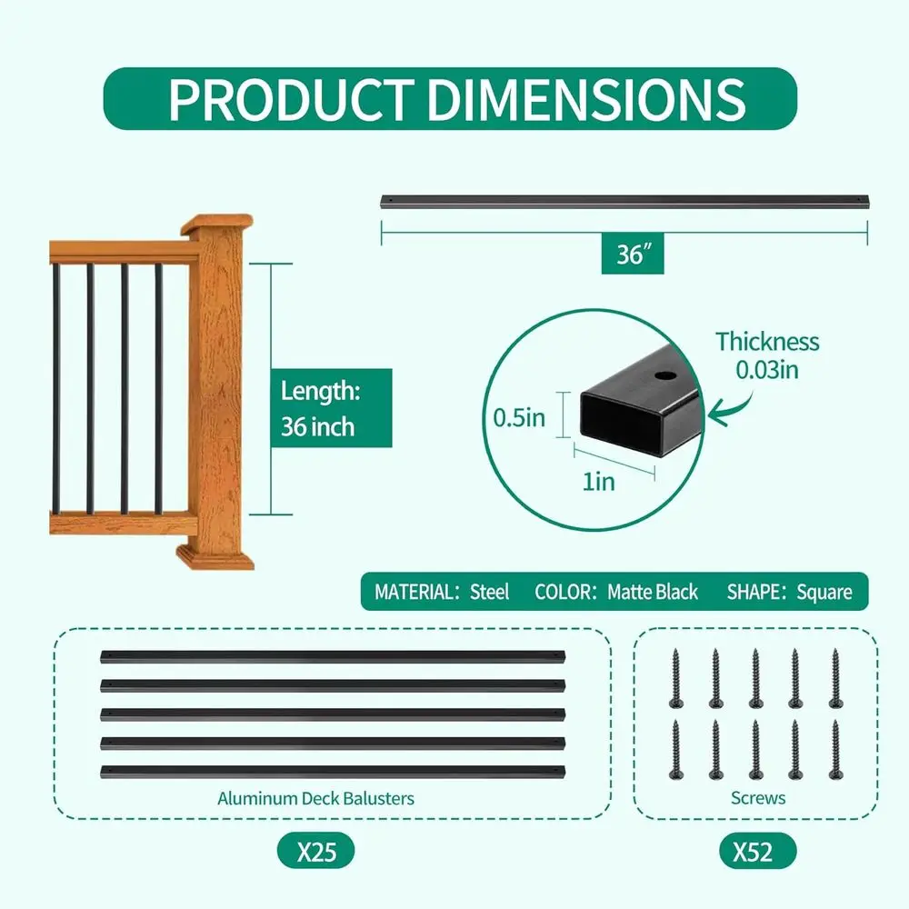 36 Hollow Rectangular Stair Railing for Deck and Indoor Stairs, 25-Pack with Screws for Outdoor Porch Railing