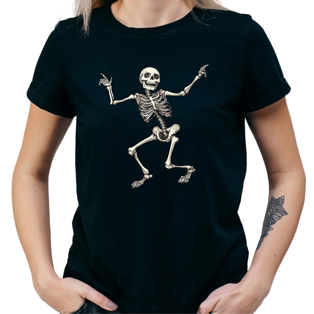 T-shirt unisex Happy Skeleton, maglietta scheletro di Halloween, bianca, nera, grigia