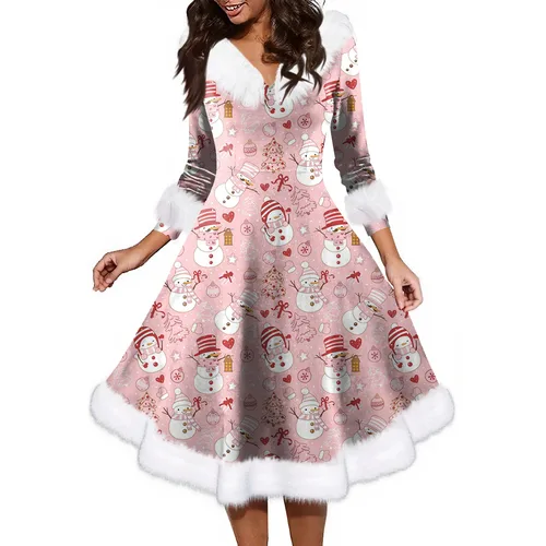 Imagen 1 del producto Vestido informal de alta calidad con cuello en V para mujer, vestido de manga larga con estampado navideño para fiesta, vestido de estilo de Año Nuevo para fiesta navideña