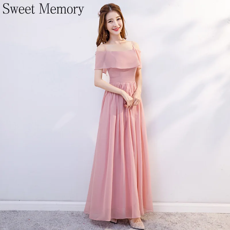 J185 Pink Chiffon Bridesmaid Dresses Long Vestido Girl Robe A-Line Lace Up Prom Gowns Summer Elegant Women Wedding Party Dress