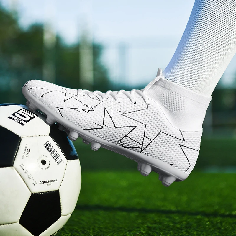 

New Professional Sports High Top Football Shoes Artificial Grass Leather Youth Students Training Soccer Shoes for Men And Women