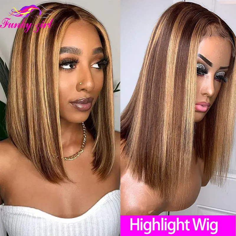 Highlight Color Straight Bob Lace Front Human Hair Wigs Brazilian Remy Human Hair Lace Closure Wigs For Women Highlight Bob Wig