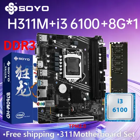 SOYO LGA1151 H311M Motherboard Game i3 6100 CPU 8G RAM Memory TPM2.0 Computer Combo Set Office Desktop PCIE3.0X16 HDMI 24+8PIN