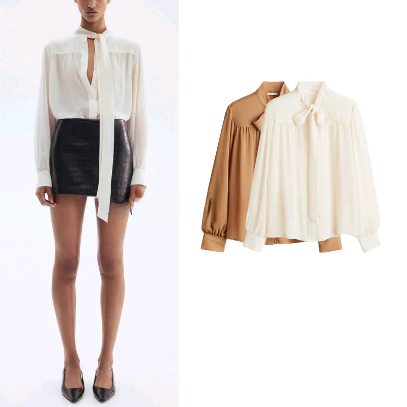 

Autumn New Women's Long Sleeve Fashion Casual Versatile Knot Collar Lantern Sleeve Chiffon Top Loose Fit Polyester