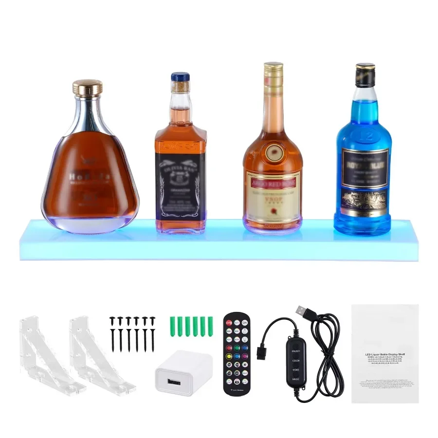 

LED Illuminated Wall Mount Bar Shelf 24Inch Single Tier Acrylic Beverage Rack with Remote Control and Mobile App Connectivity f