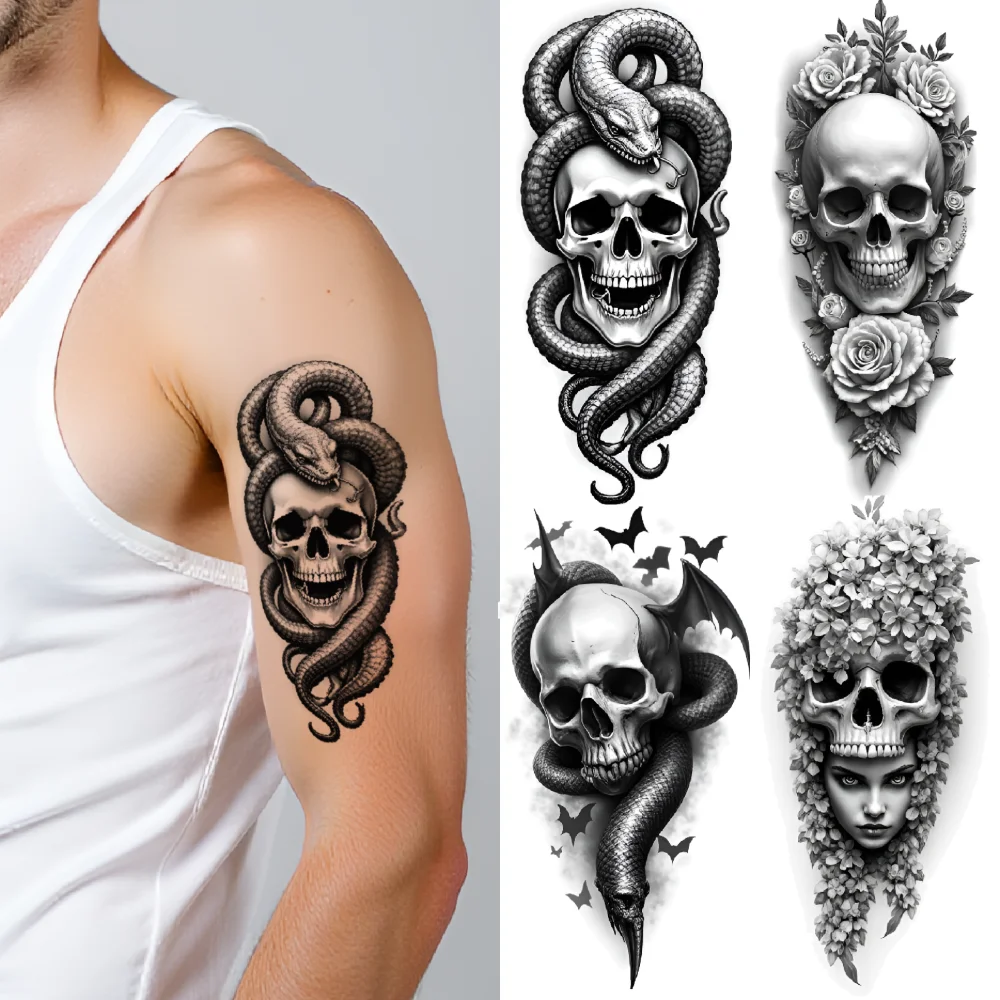 

3 шт., временная татуировка, череп демона, черный и серый, реалистичный череп с женским лицом, череп с компасом для рук, мужчин, женщин