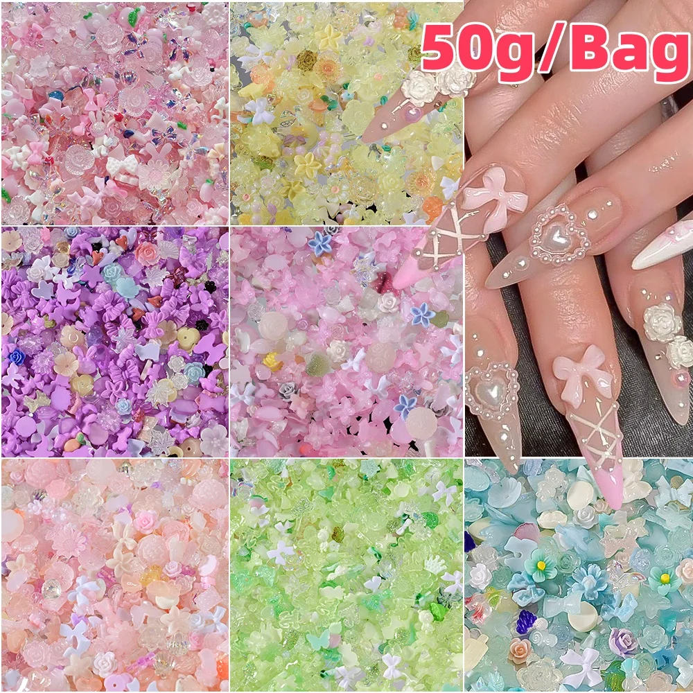 

50g 3D Random Mixed Bow Flower Nail Art Rhinestones Cute Heart/Butterfly/Ribbon Nail Art Decorations DIY Crafts Nails Supplies 1