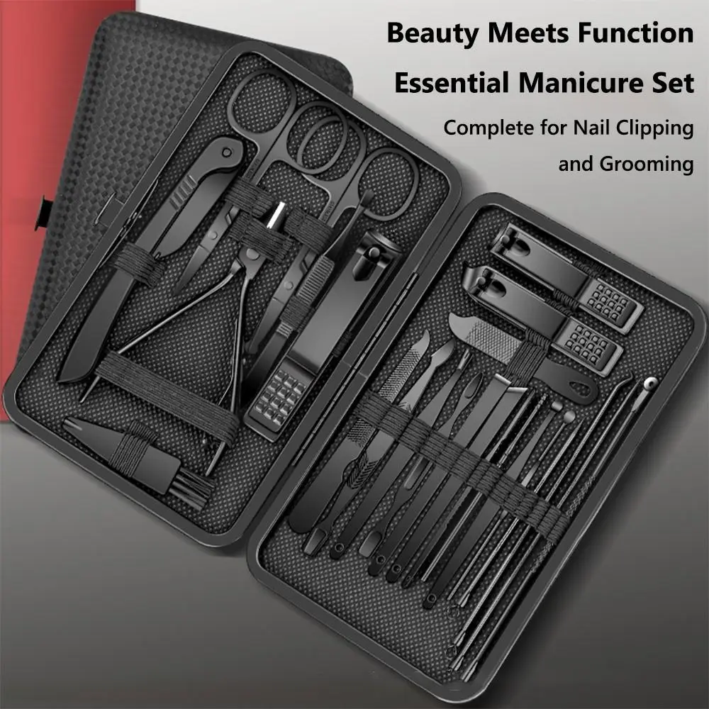 Juego de cortaúñas negro de acero inoxidable con caja de viaje, herramientas de belleza para uñas, Kit de manicura y pedicura portátil para el cuidado de las uñas, 24 Uds.