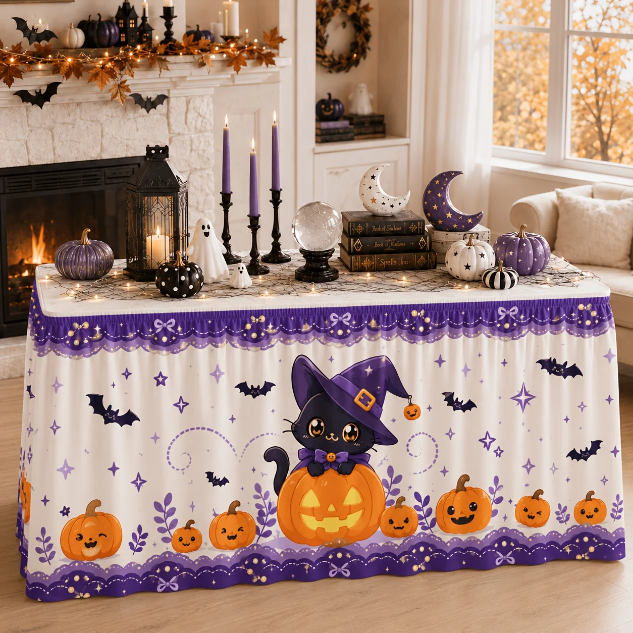 Halloween black cat ghost lantern pumpkin bat stars purple and orange magic imagination classical gothic polyester tablecloth