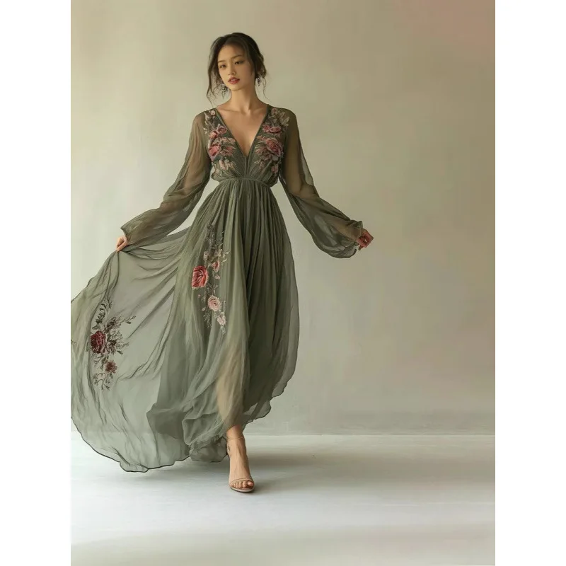   Abbigliamento da donna Tendenza Primavera Manica lunga Abiti da sera a vita alta Abito da vacanza Boho stampato floreale con scollo a V sexy