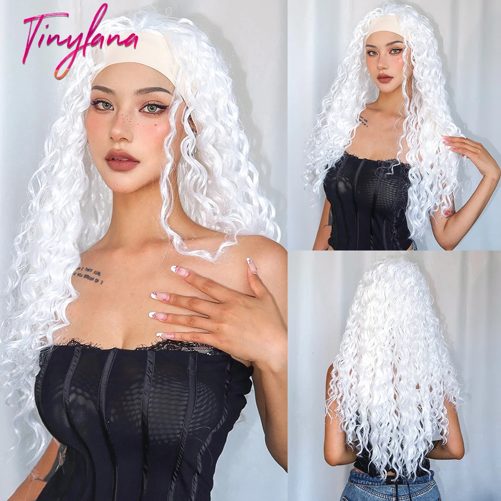 

White Long Curly Wave Headband Synthetic Wigs for Women Afro Lolita White Cosplay Daily Headband Natural Hair Wig Heat Resistant