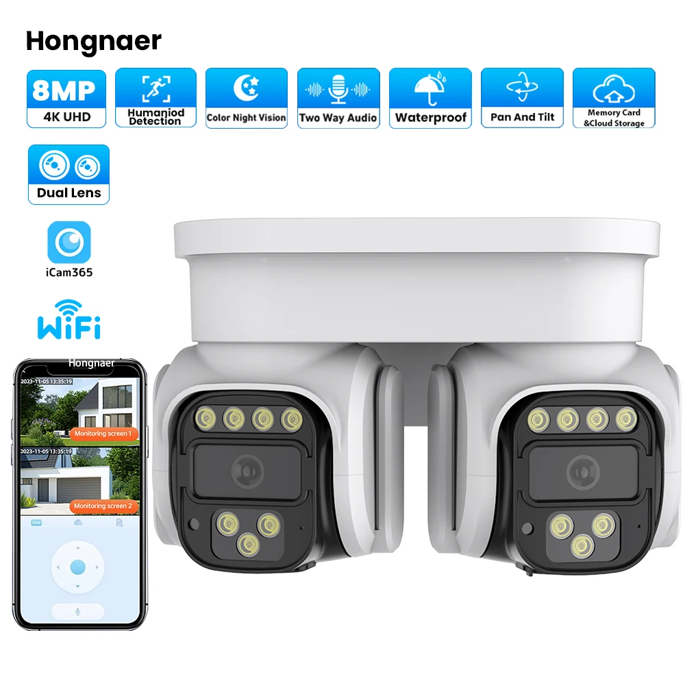 

Hongnaer 8MP 4K Dual Lenses Waterproof Outdoor CCTV PTZ IP iCam365 Network WiFi Network Home Security Wireless Camera