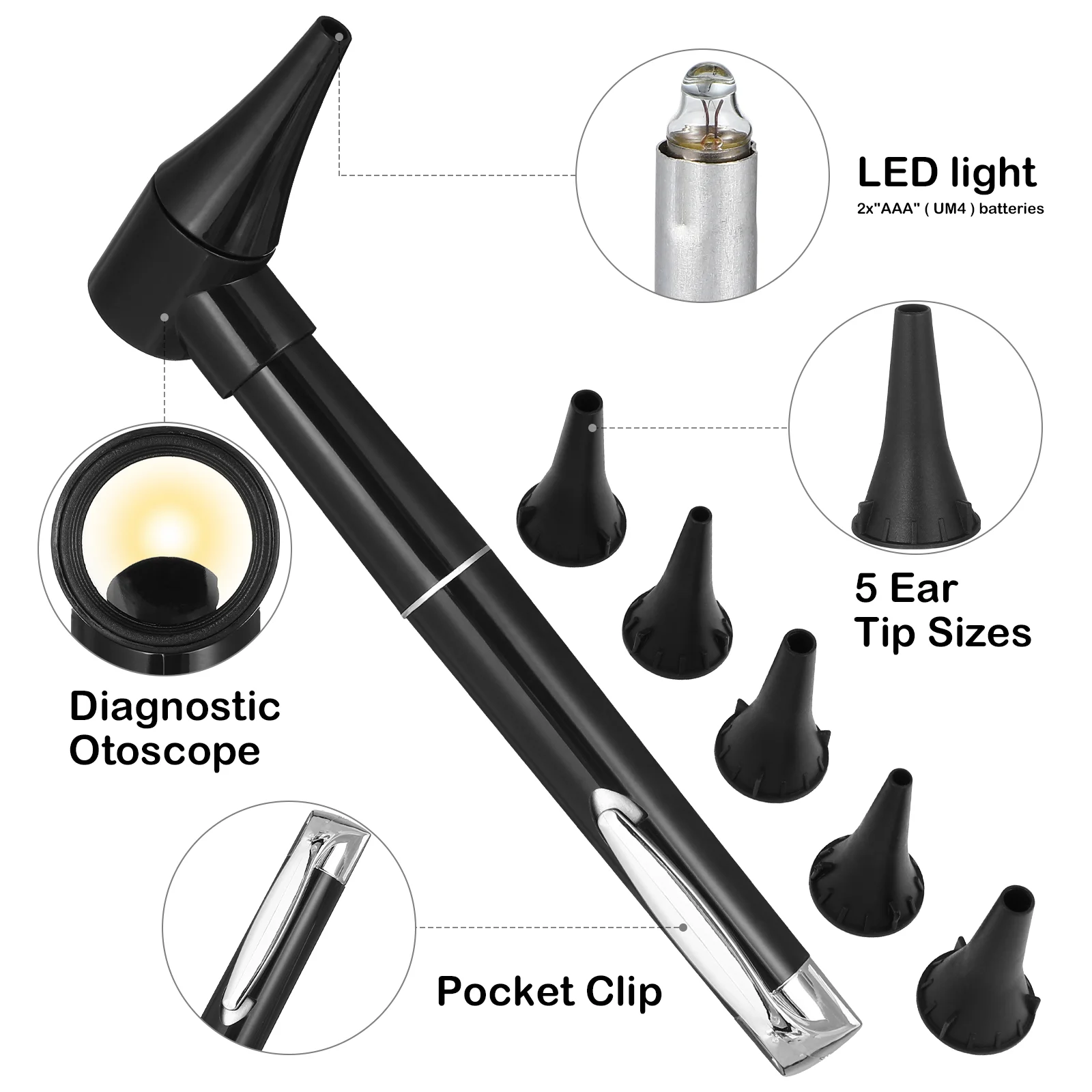 Kit de diagnóstico de otoscópio com caneta de luz LED Espéculo de ouvido automático com lente de ampliação de ferramenta