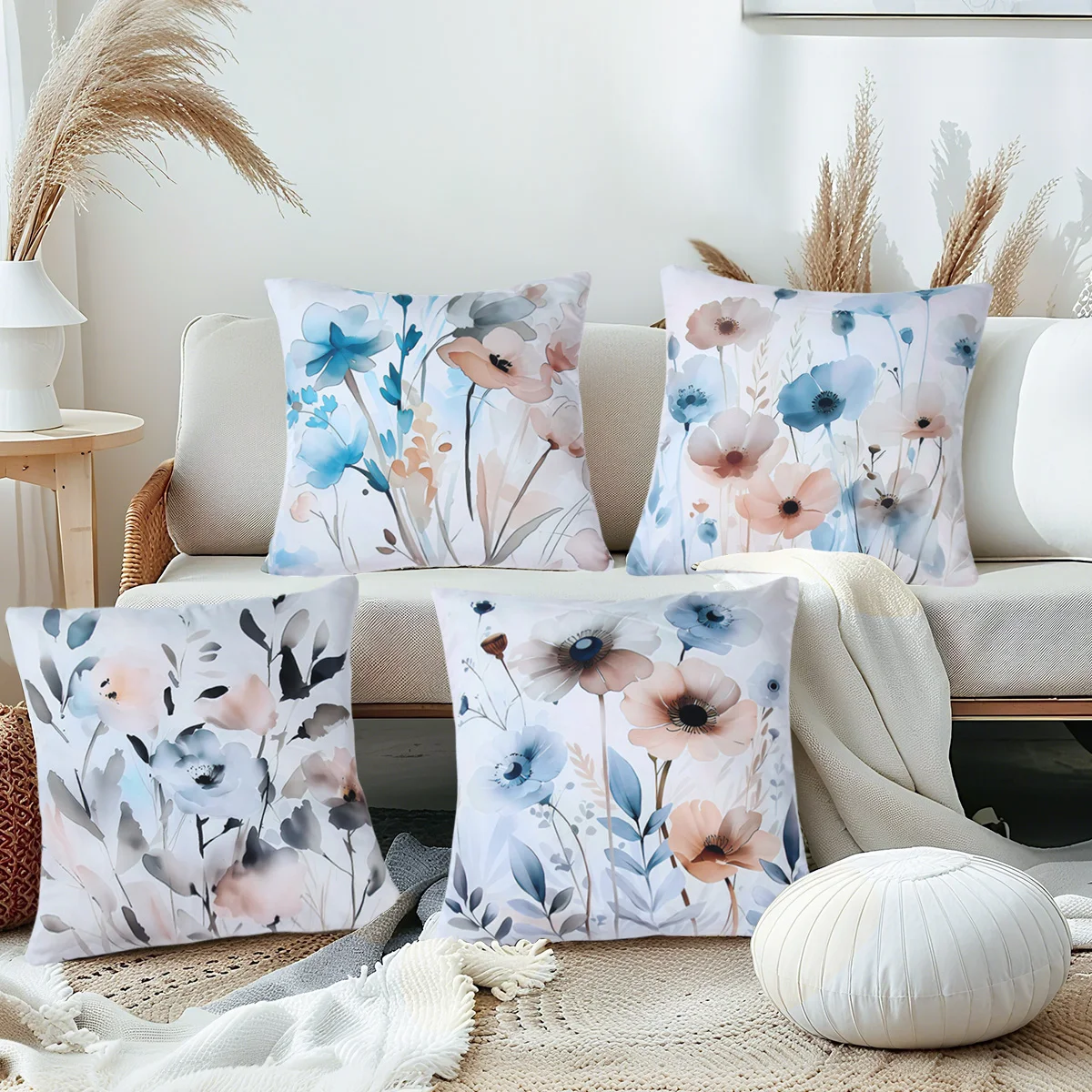 4pcs Wildflower Theme Peach Skin Pillowcase 45*45cm Butterfly Pattern Peach Skin Pillow Cover for Home Living Room Bedroom Decor