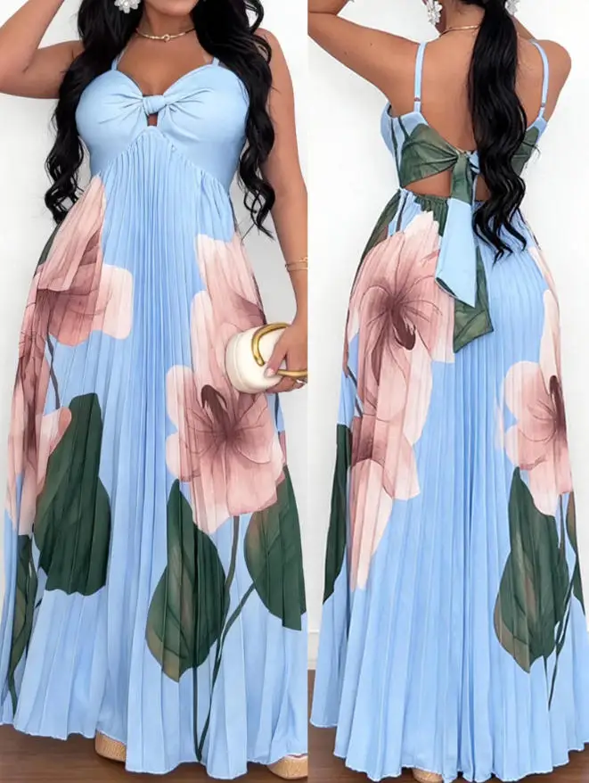 

Women's Dress Summer New Fashionable and Sexy Beach Vacation Style V-Neck Floral Print Backless Lace Up Suspender Dress