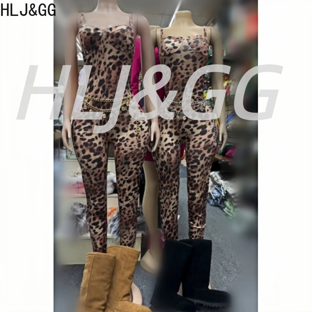 

HLJ&GG Fashion Leopard Print Spaghetti Strap Bodycon Jumpsuits Women Sleeveless Slim Playsuits Autumn New Overalls Streetwear