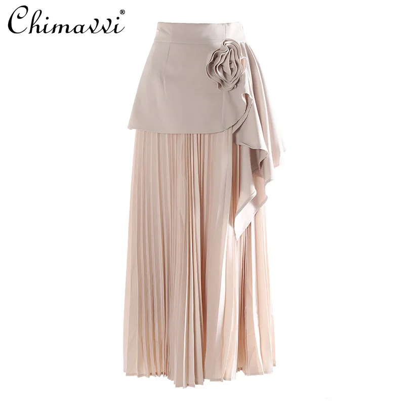 

French Elegant Fashion Commuter High Waist Long Skirts 3D Flower Ruffle Patchwork Irregular Versatile Pleated Skirt Women Summer