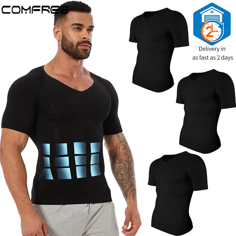 Paquete de 3 Camisetas Interiores de Cuello en V para Hombre, Suaves, Elásticas, Transpirables, Control de Abdomen, Absorción de Humedad, Moldeadoras, Adelgazantes, para Gimnasio y Deportes, Manga Corta, Fajas