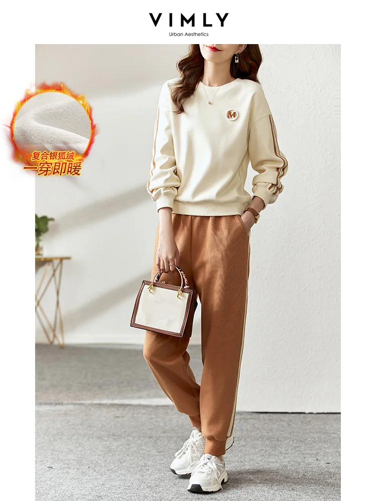 

Vimly Casual Sports Sweat Pants Suit Two Piece Sets for Women 2023 Fleece Thickened Sweatshirt Tracksuits Womens Outfits V7273